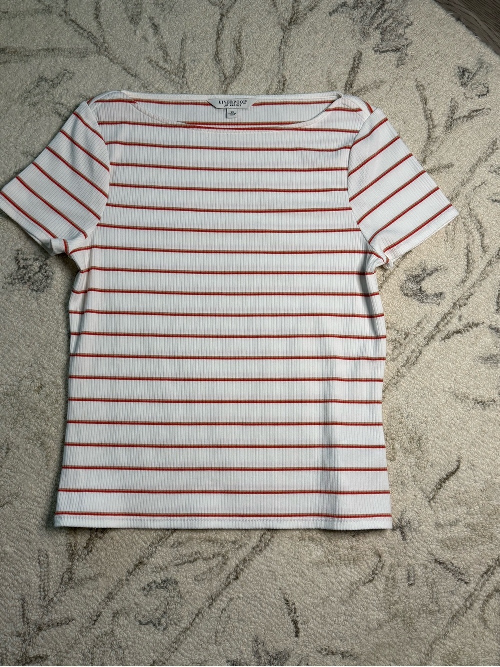 Liverpool Los Angeles White & Red Striped Rib Knit Top XS | Stretch Boat Neck - Picture 2 of 5